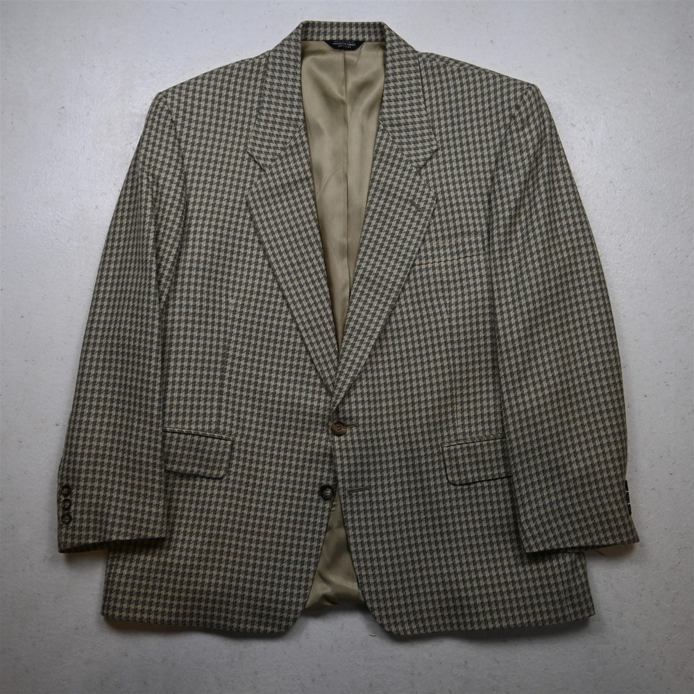 Vtg USA Made 44S Beige Green Gray Houndstooth Wool Blazer Suit Jacket Sport Coat